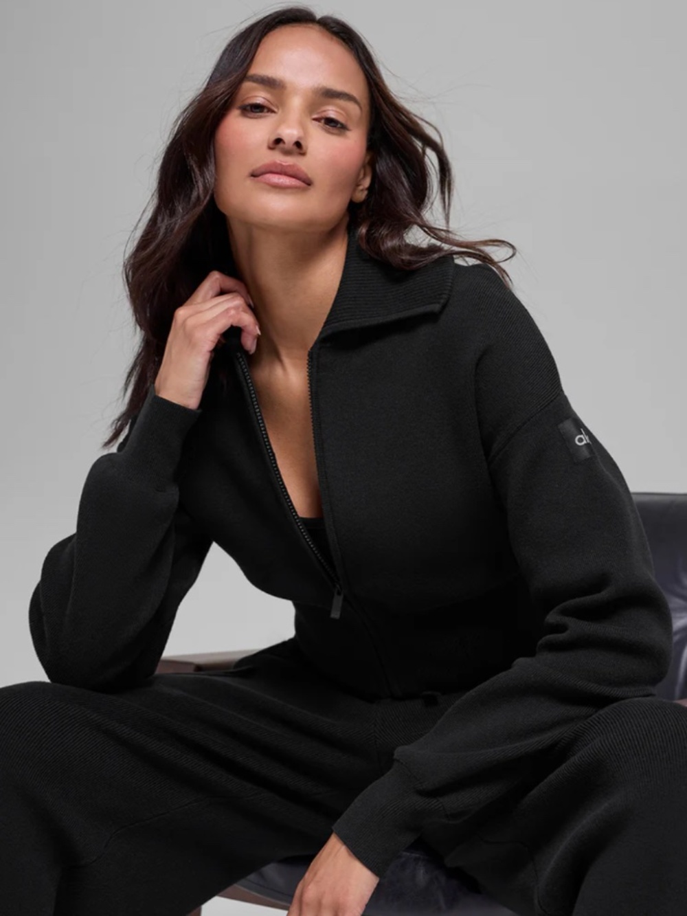 ALO Yoga Scholar Knit Cropped Full Zip Top Black S